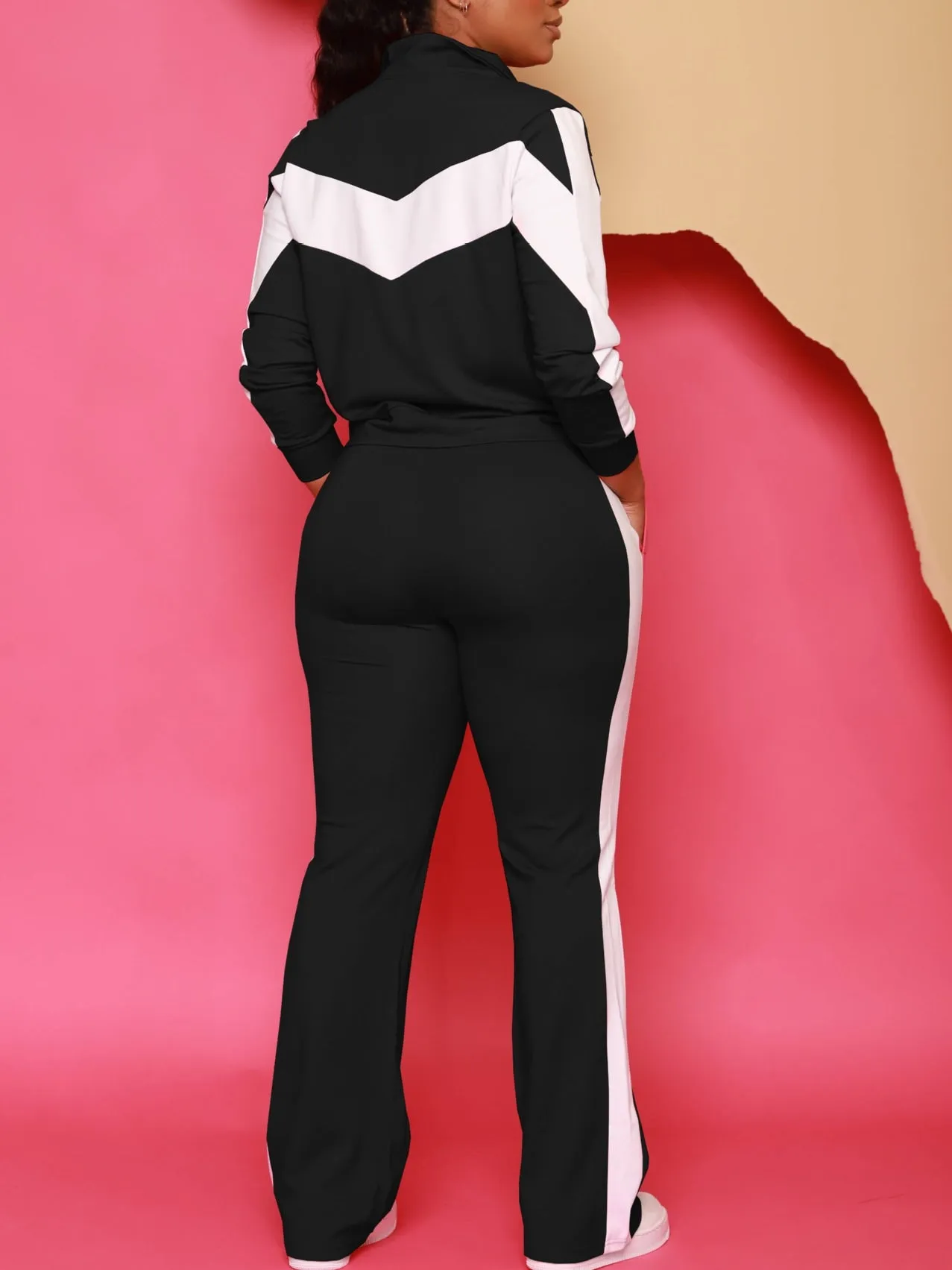 2 Pcs Women's Long Sleeve Colorblock/ Stitching Color Pants Set - Size XL - 444962