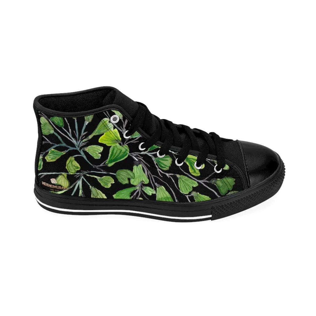 Black Green Maidenhair Men's Tennis Shoes, Tropical Print Designer Best High-top Sneakers For Men