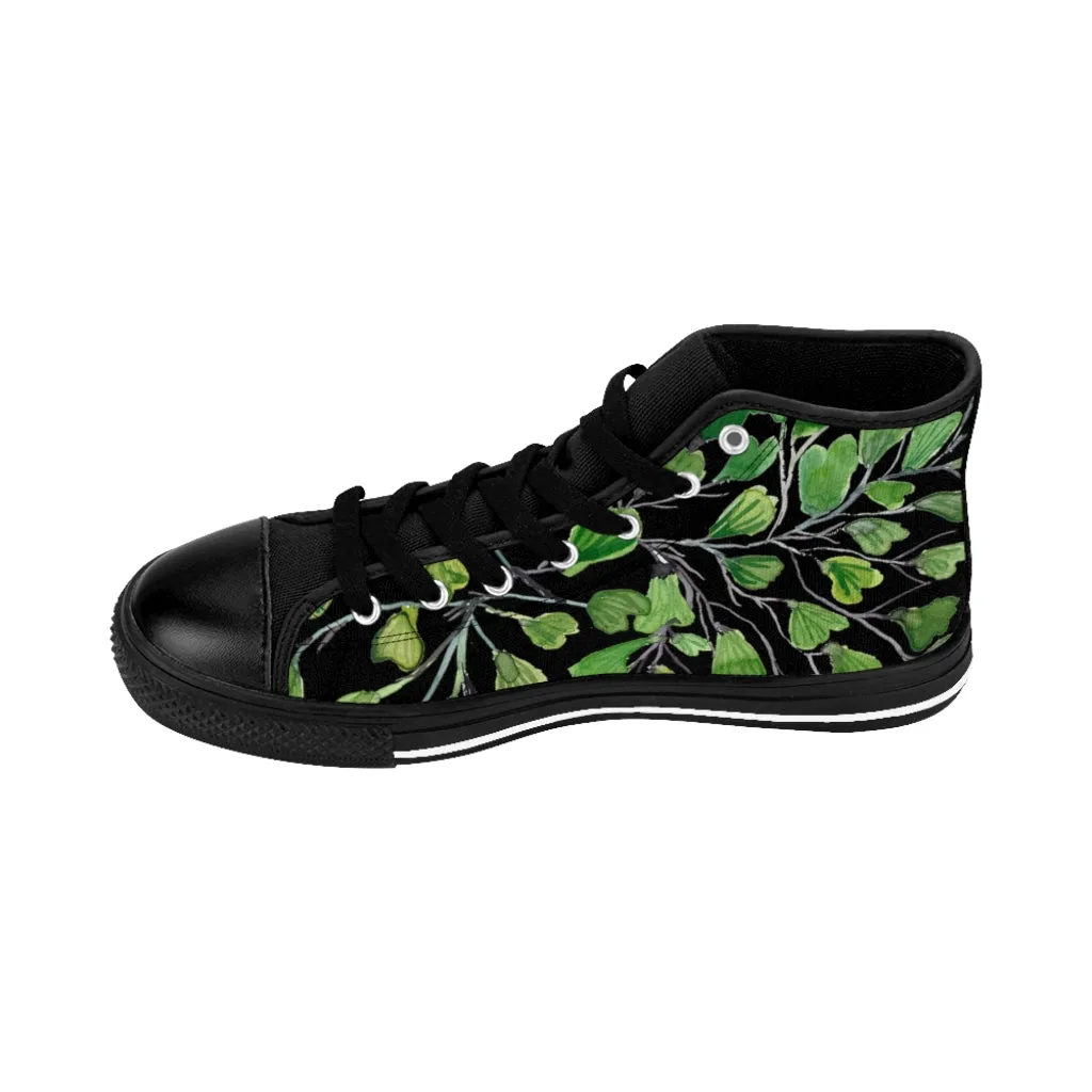 Black Green Maidenhair Men's Tennis Shoes, Tropical Print Designer Best High-top Sneakers For Men