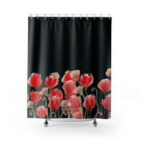 Black Red Poppy Shower Curtains, Flower Floral Designer Shower Curtains- Printed in USA